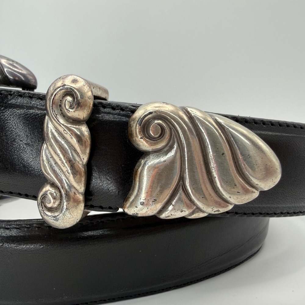 Onyx Brighton Vintage Crescent Moon Buckle Black Leather Belt 34 Whimsigoth Rare - Picture 3 of 8